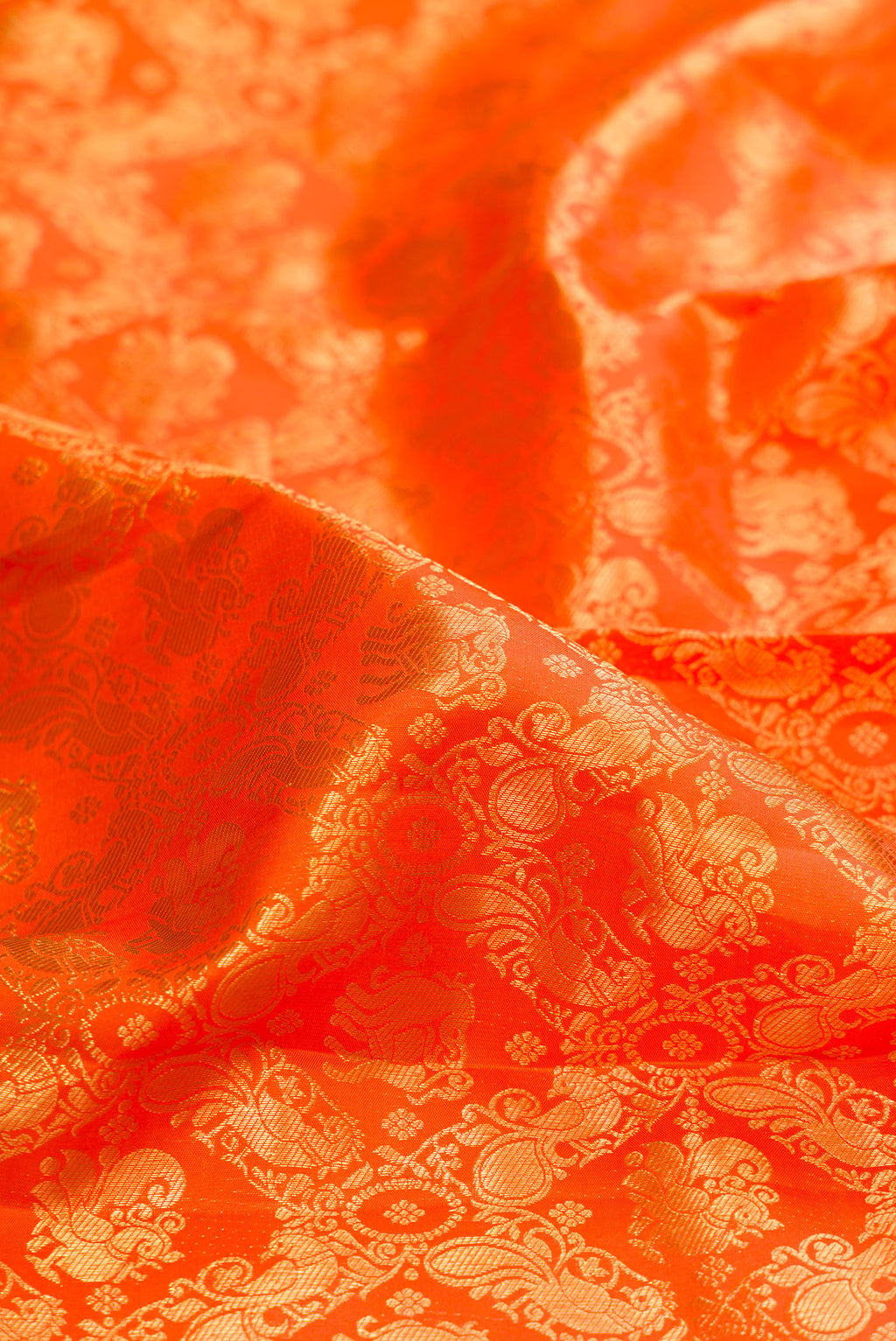 Close up of Pure Silk Orange Kanjivaram Saree with Zari Brocade on the body and Fancy Border.  displaying folds