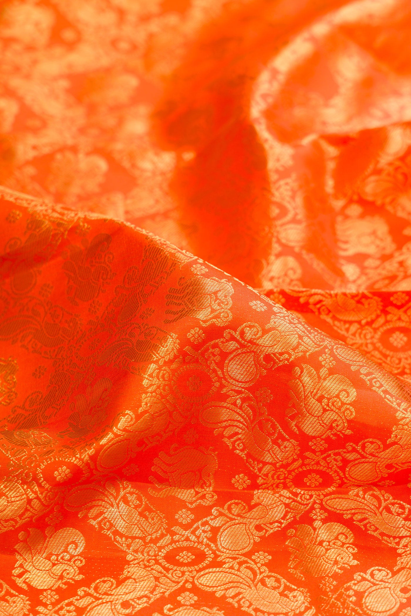 Close up of Pure Silk Orange Kanjivaram Saree with Zari Brocade on the body and Fancy Border.  displaying folds