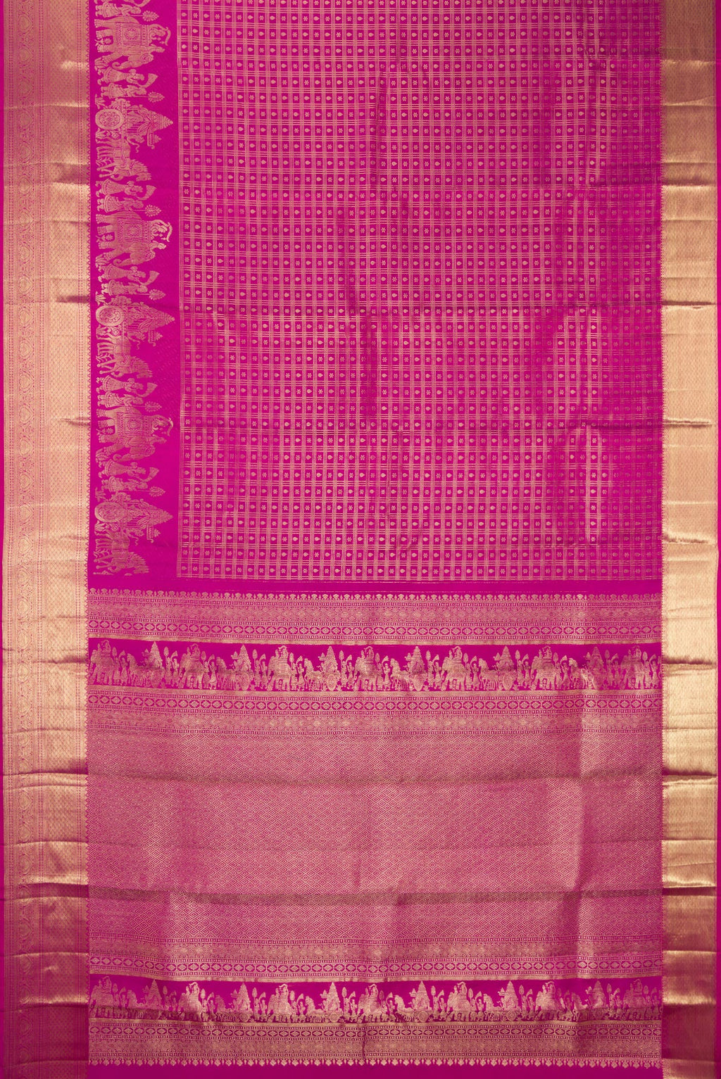 Flat view of Pure Silk Rani Pink Kanchipuram Saree with Zari Brocade on the body and Fancy Border. 