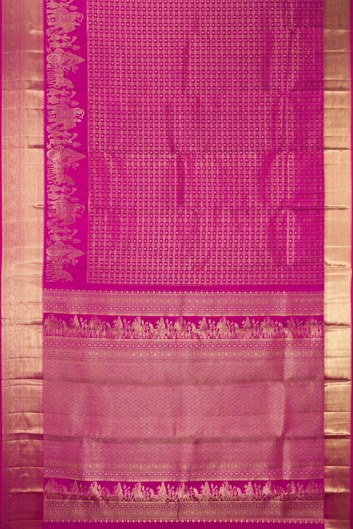 Flat view of Pure Silk Rani Pink Kanchipuram Saree with Zari Brocade on the body and Fancy Border. 