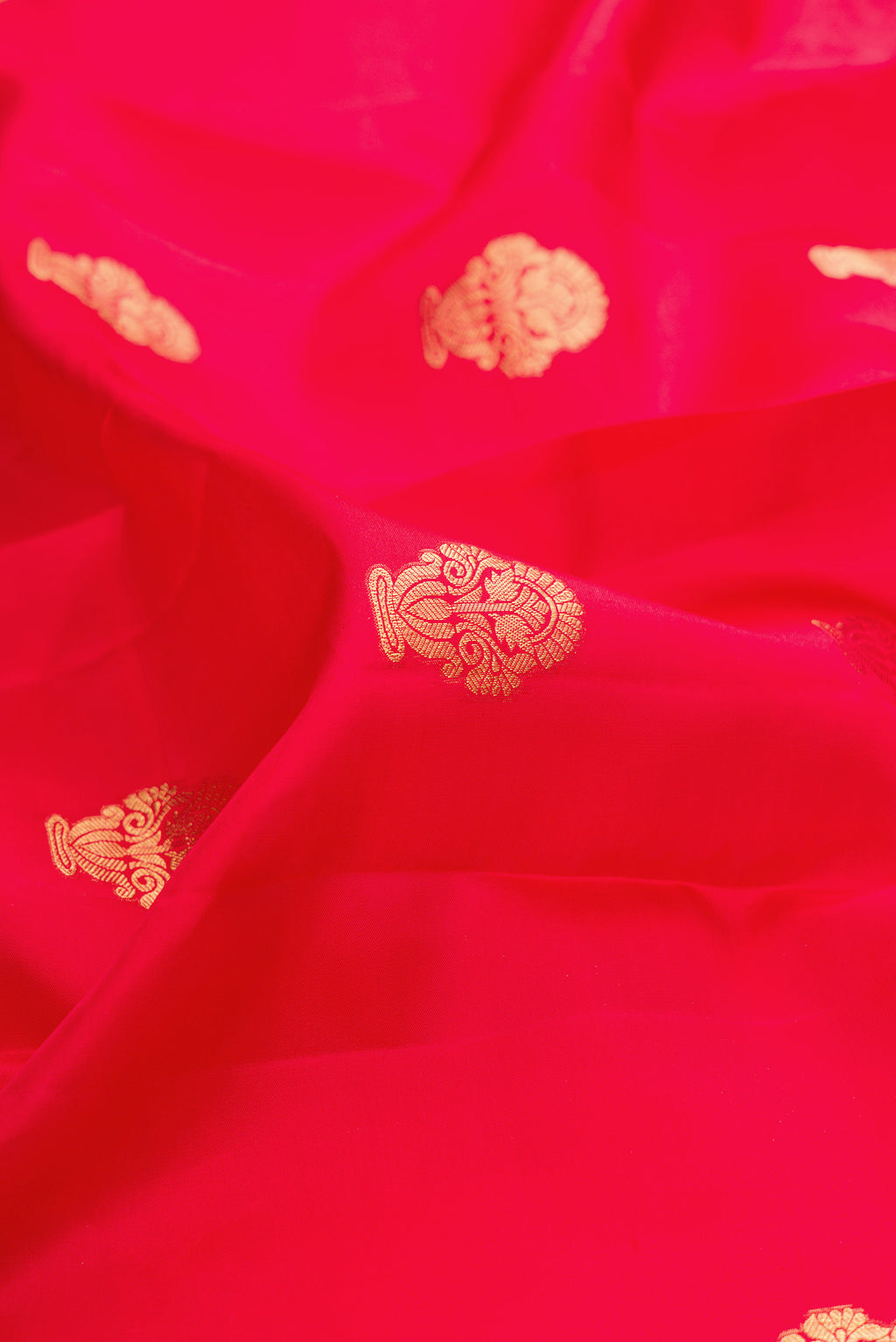 Close up of Red Kanchipuram Silk Saree with Zari Butta on the body and Fancy Border.  displaying folds