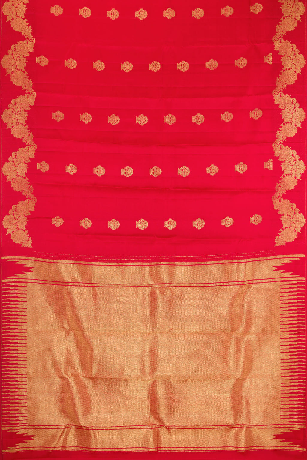 Flat view of Red Kanchipuram Silk Saree with Zari Butta on the body and Fancy Border. 