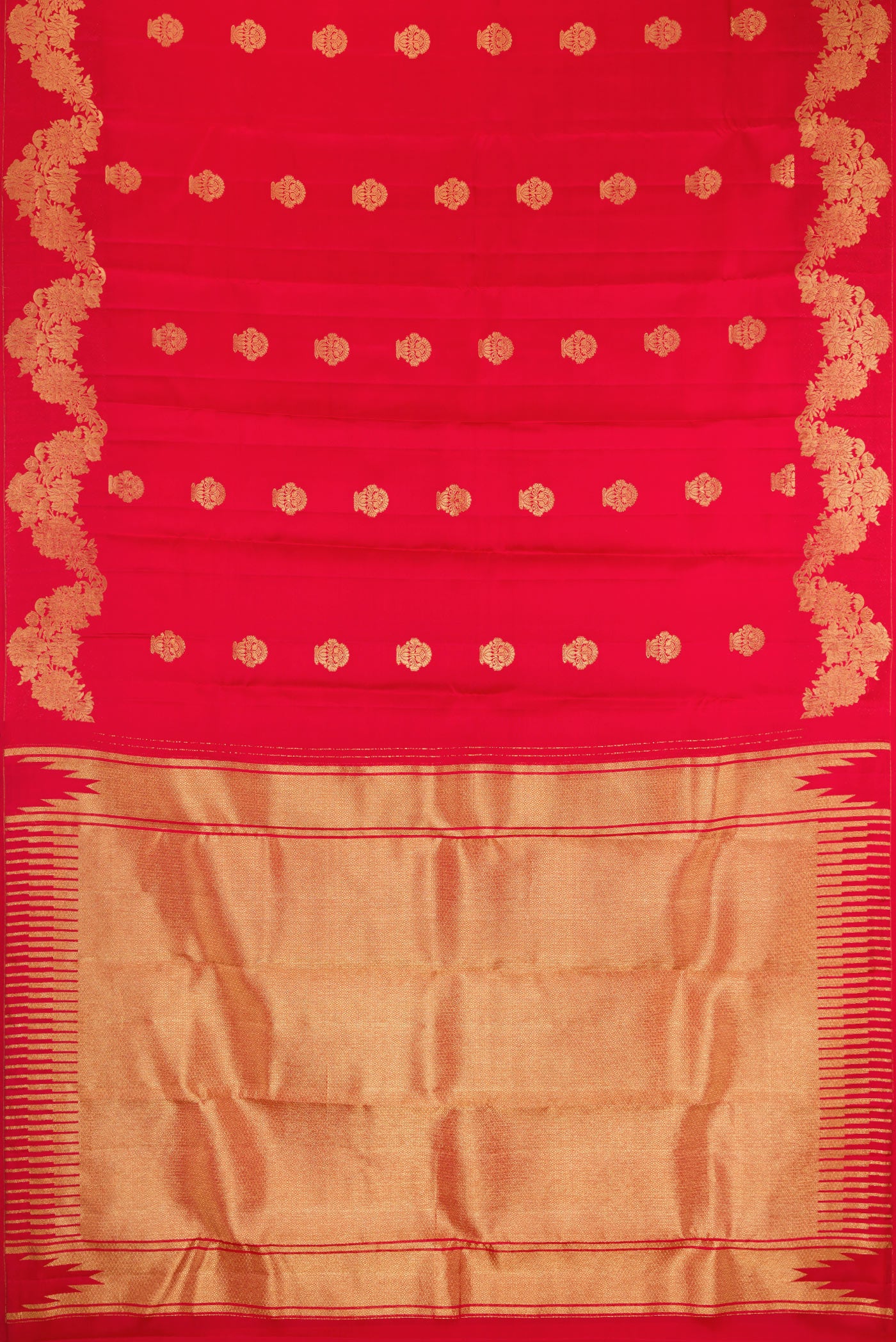 Flat view of Red Kanchipuram Silk Saree with Zari Butta on the body and Fancy Border. 