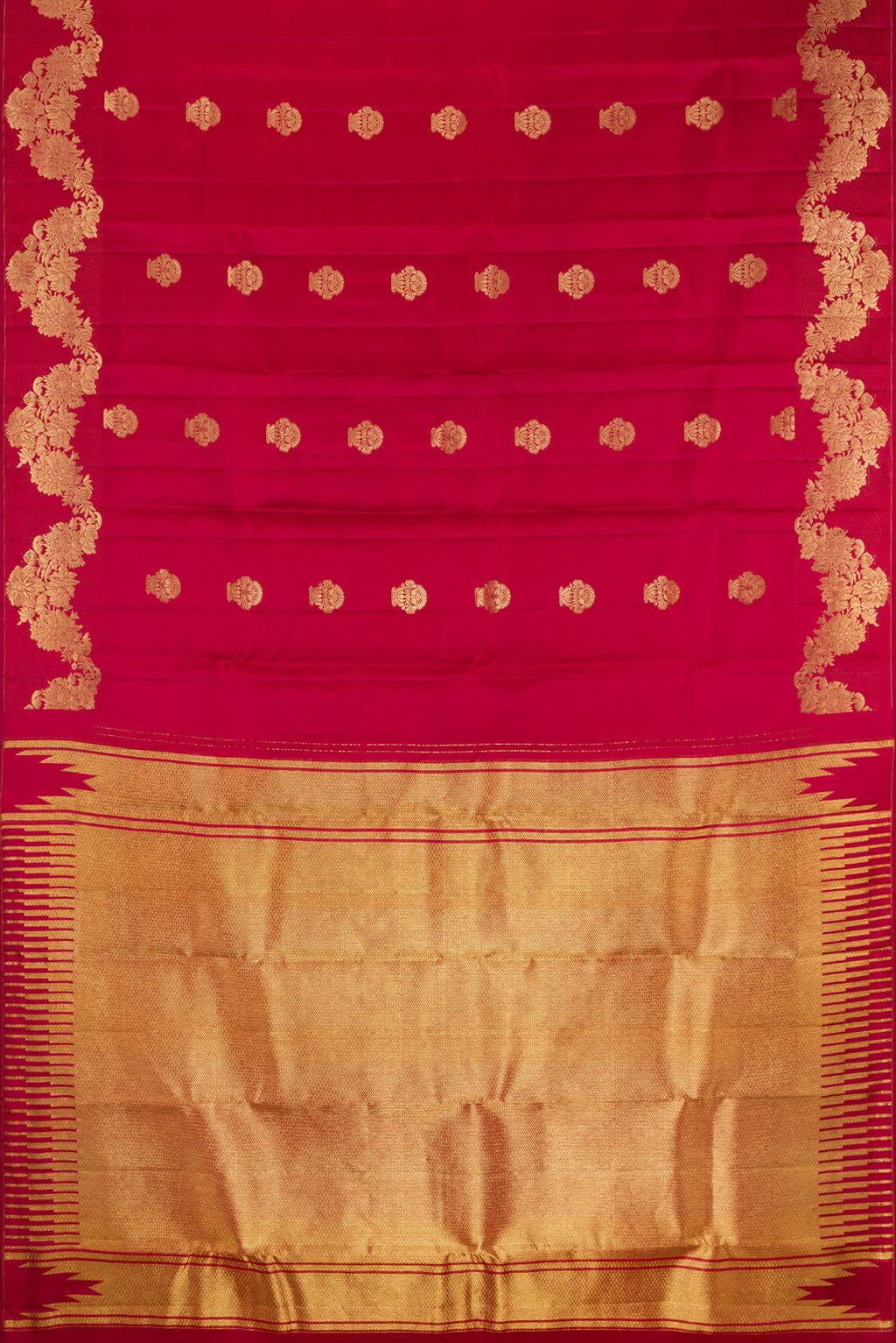 Flat view of Pure Silk Maroon Kanchipuram Saree with Zari Butta on the body and Fancy Border. 