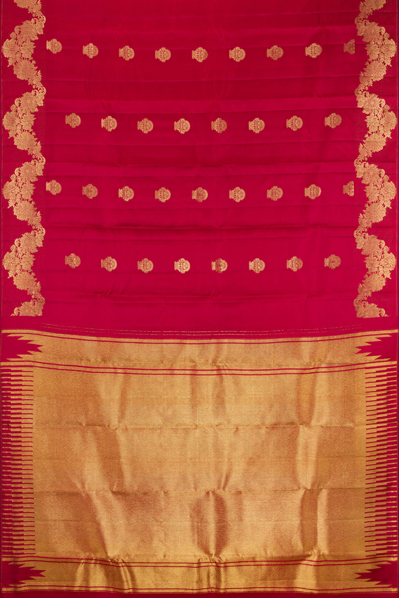 Flat view of Pure Silk Maroon Kanchipuram Saree with Zari Butta on the body and Fancy Border. 