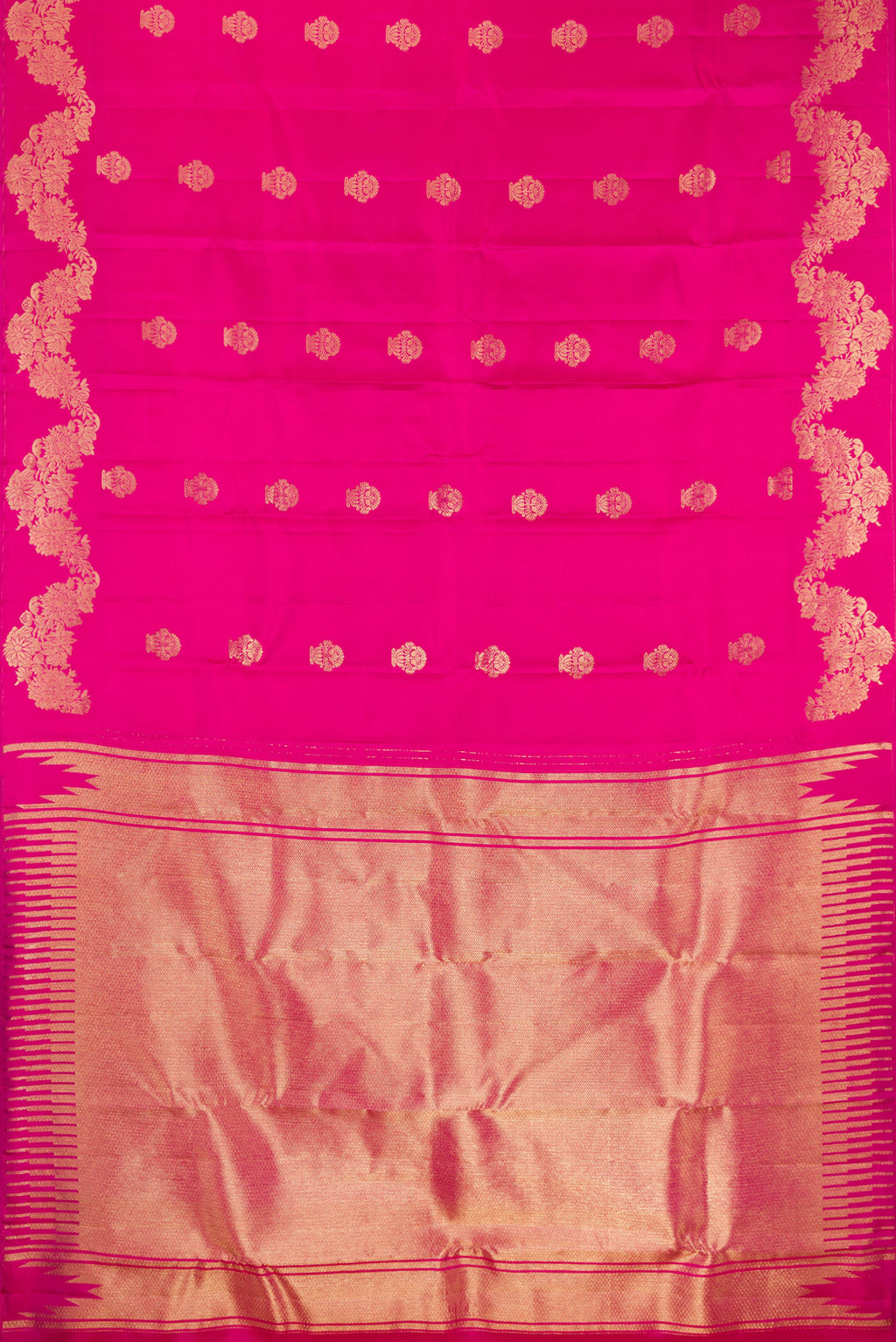 Flat view of Pure Silk Rani Pink Kanchipuram Saree with Zari Butta on the body and Fancy Border. 