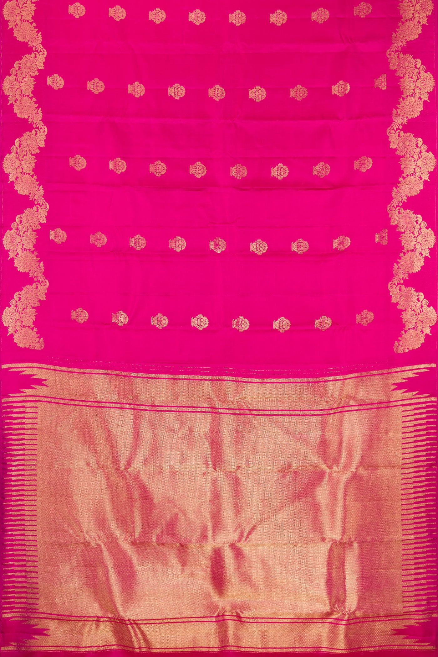 Flat view of Pure Silk Rani Pink Kanchipuram Saree with Zari Butta on the body and Fancy Border. 