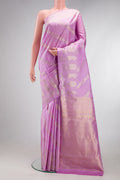 Lavender Dual Tone Kanchipuram Silk Saree with Zari Butta on the body and Zari Border.  displayed on a mannequin