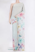 Light Blue Chanderi Silk Cotton Saree with Printed design on the body and Zari Border.  displayed on a mannequin