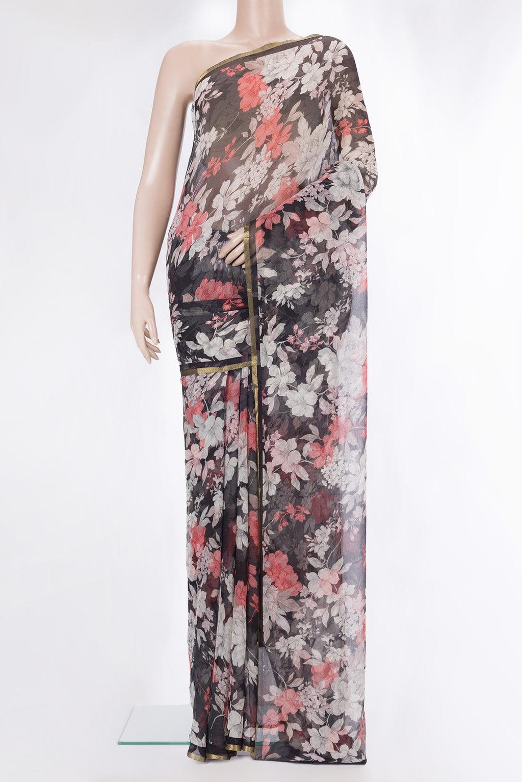 Black Mysore Chiffon Saree with Floral Print on the body and Zari Border.  displayed on a mannequin