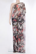 Black Mysore Chiffon Saree with Floral Print on the body and Zari Border.  displayed on a mannequin