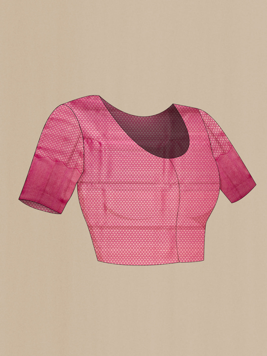Close up image of the blouse of Rose pink Dual Tone Kanchipuram Tissue Silk Saree with Zari Brocade on the body and Fancy Border. 