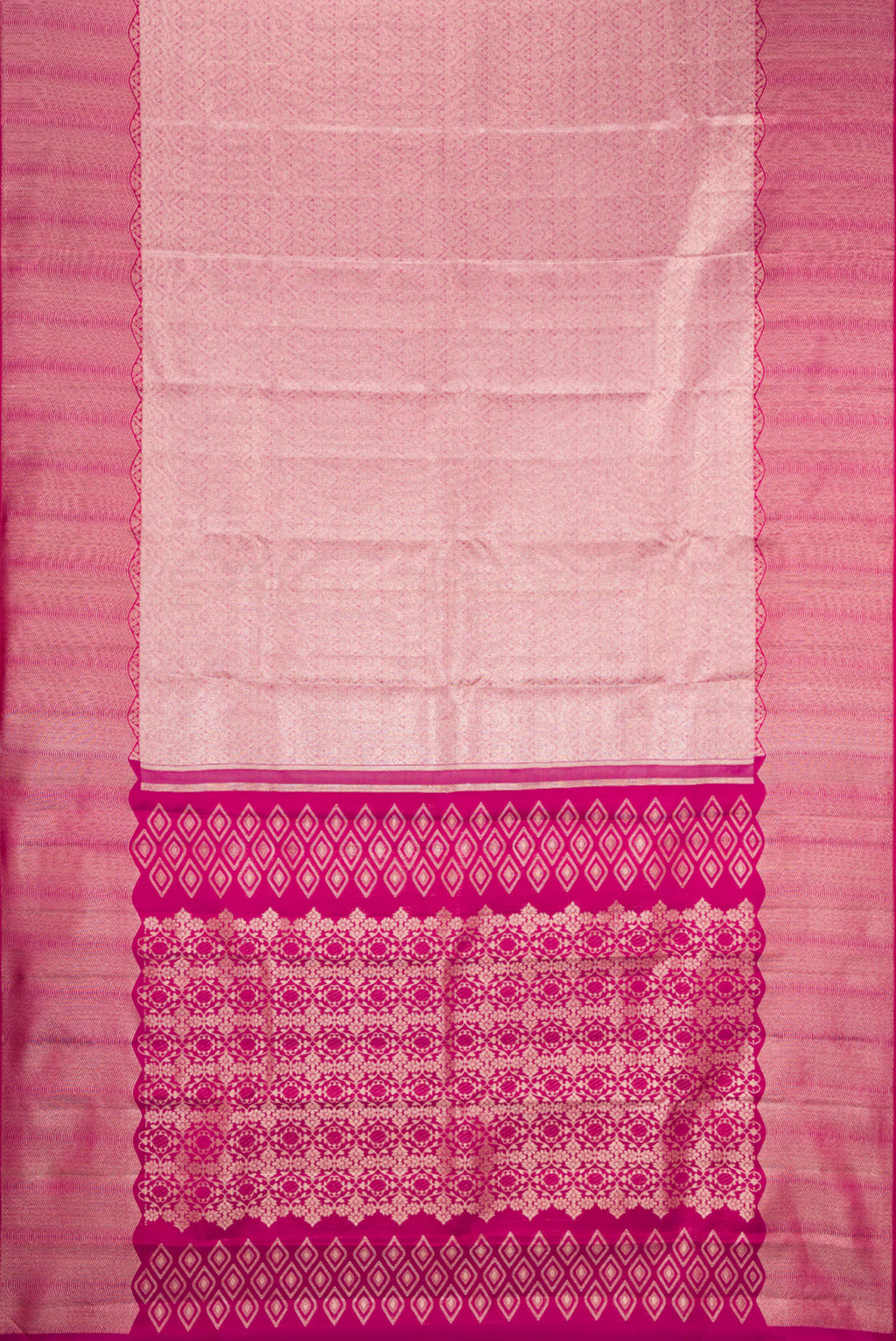 Flat view of Rose pink Dual Tone Kanchipuram Tissue Silk Saree with Zari Brocade on the body and Fancy Border. 