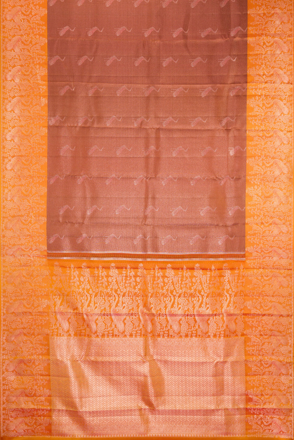Flat view of Rose Gold Dual Tone Kanchipuram Tissue Silk Saree with Zari Brocade on the body and Fancy Border. 