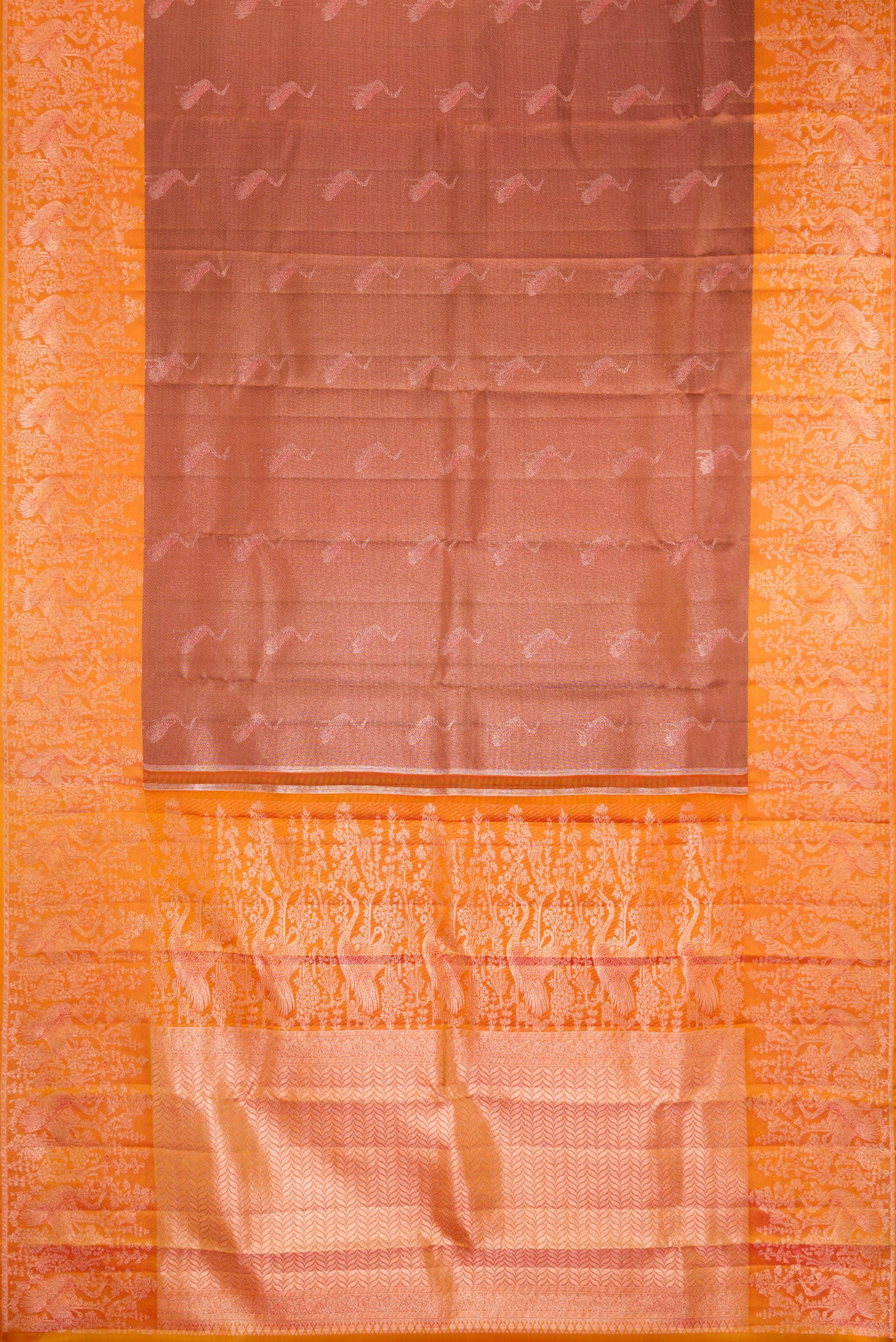 Flat view of Rose Gold Dual Tone Kanchipuram Tissue Silk Saree with Zari Brocade on the body and Fancy Border. 
