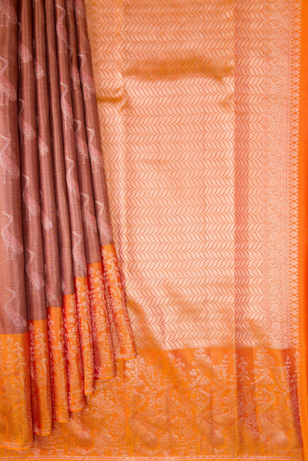 Pleats and pallu of Rose Gold Dual Tone Kanchipuram Tissue Silk Saree with Zari Brocade on the body and Fancy Border. 