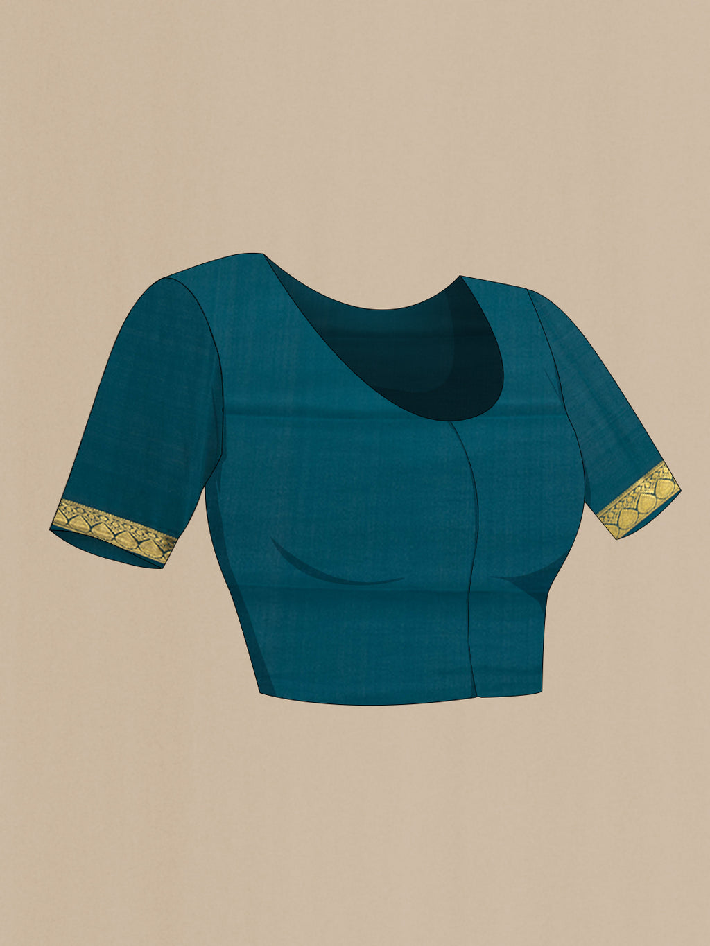 Close up image of the blouse of Peacock Blue Mysore Silk Saree with Plain Body and Zari Border. 