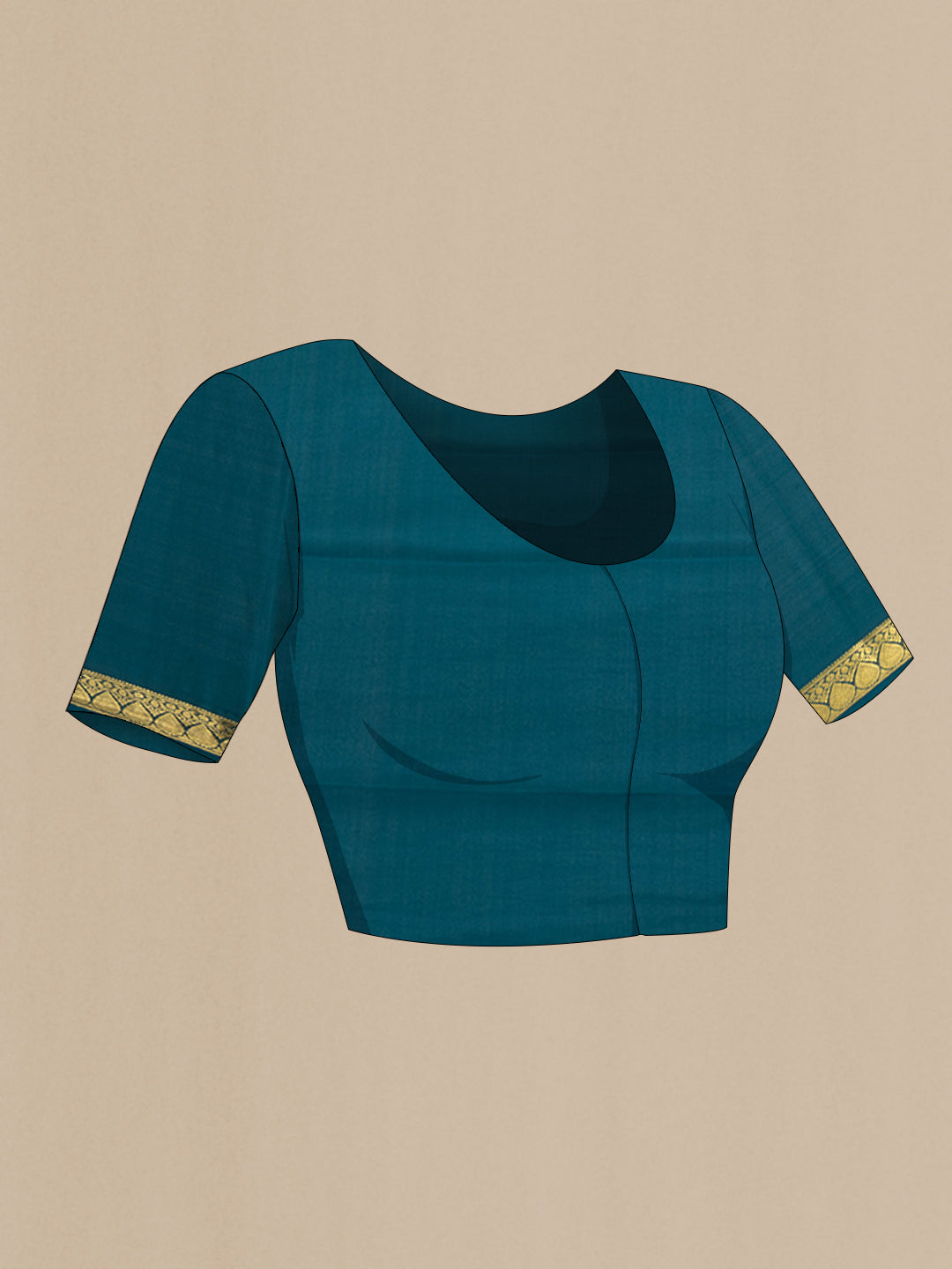 Close up image of the blouse of Peacock Blue Mysore Silk Saree with Plain Body and Zari Border. 