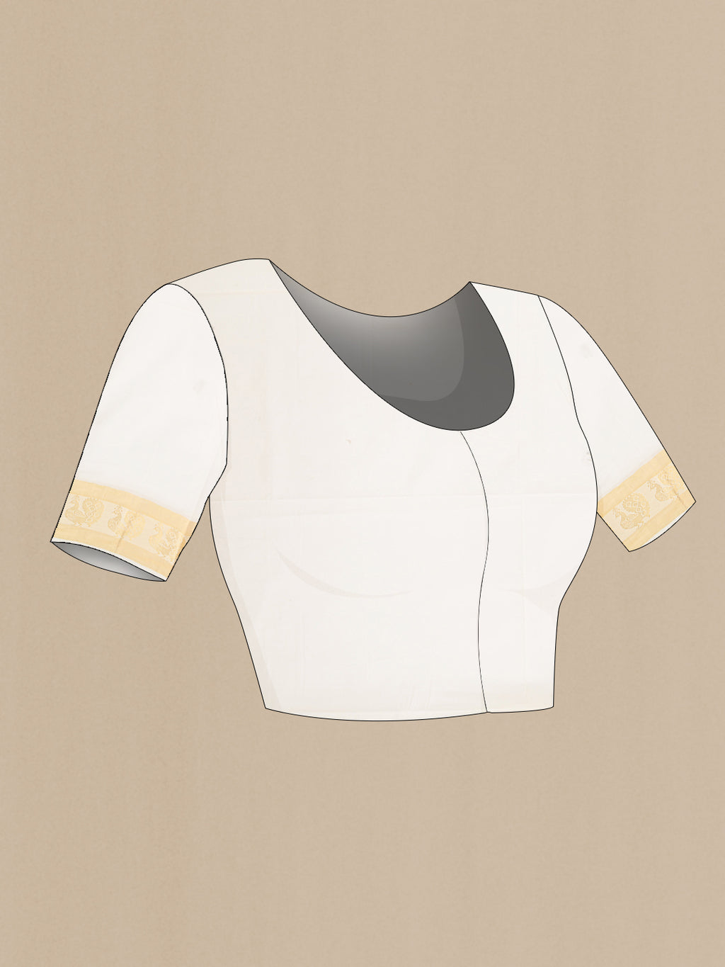 Close up image of the blouse of Off White Kerala Cotton Saree with Zari Butta on the body and Fancy Border. 