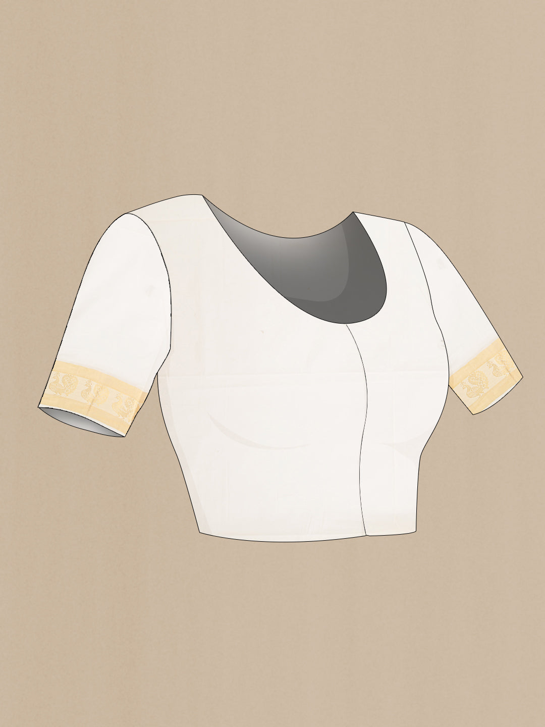 Close up image of the blouse of Off White Kerala Cotton Saree with Zari Butta on the body and Fancy Border. 