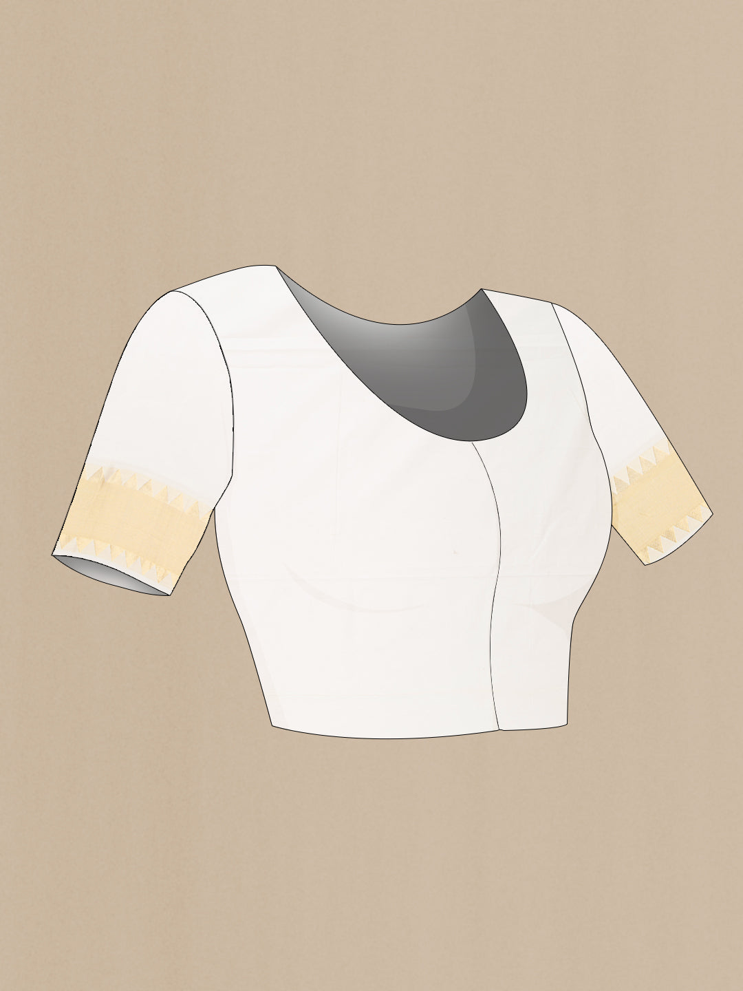 Close up image of the blouse of White Kerala Cotton Saree with Zari Butta on the body and Temple Border. 