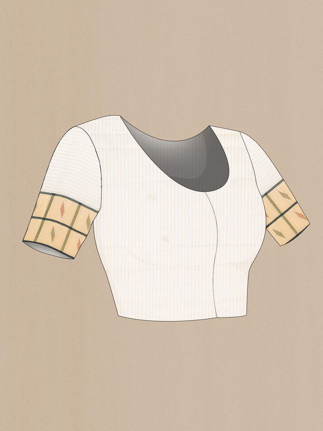 Close up image of the blouse of Off White Kerala Cotton Saree with Stripes on the body and Fancy Border. 