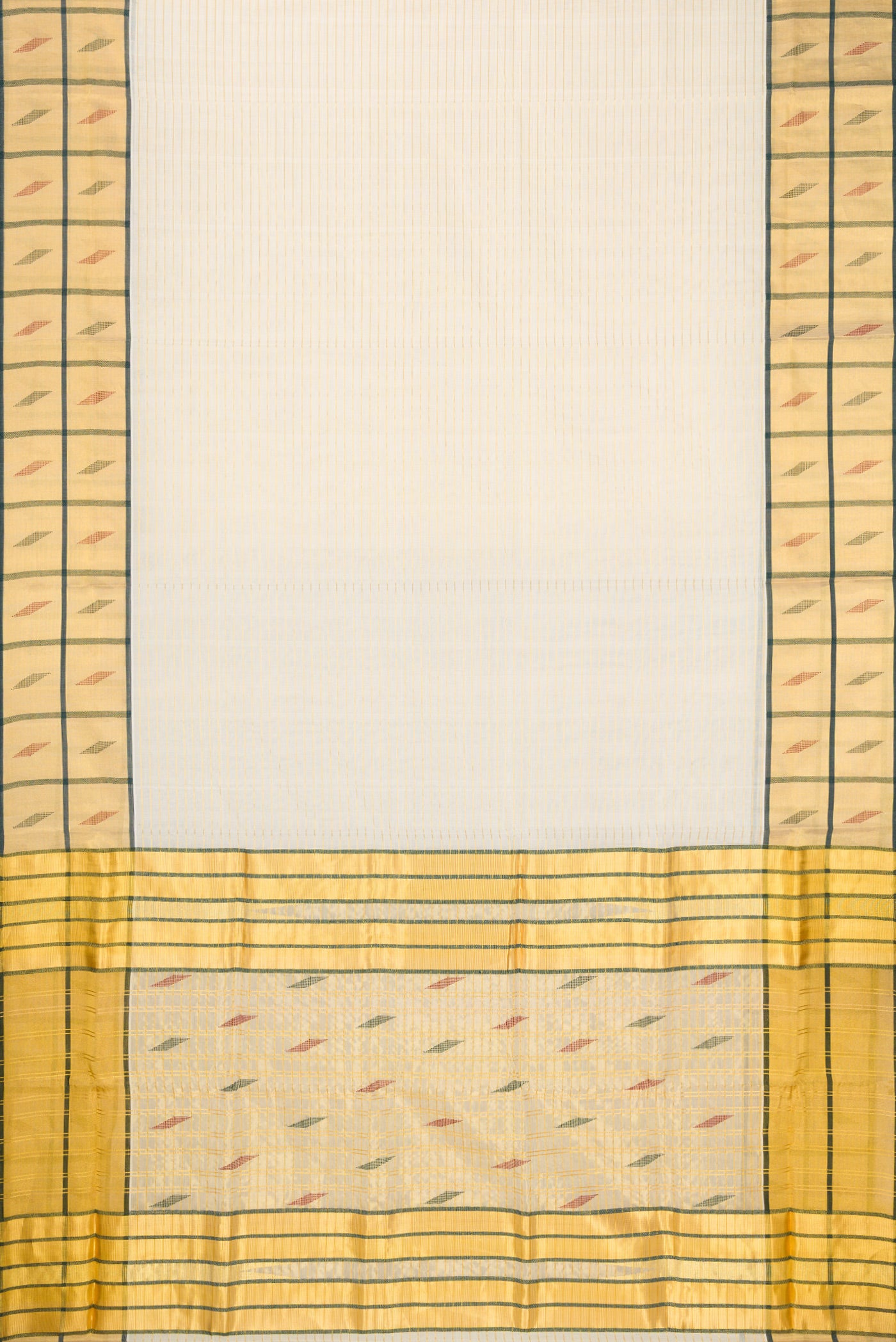 Flat view of Off White Kerala Cotton Saree with Stripes on the body and Fancy Border. 