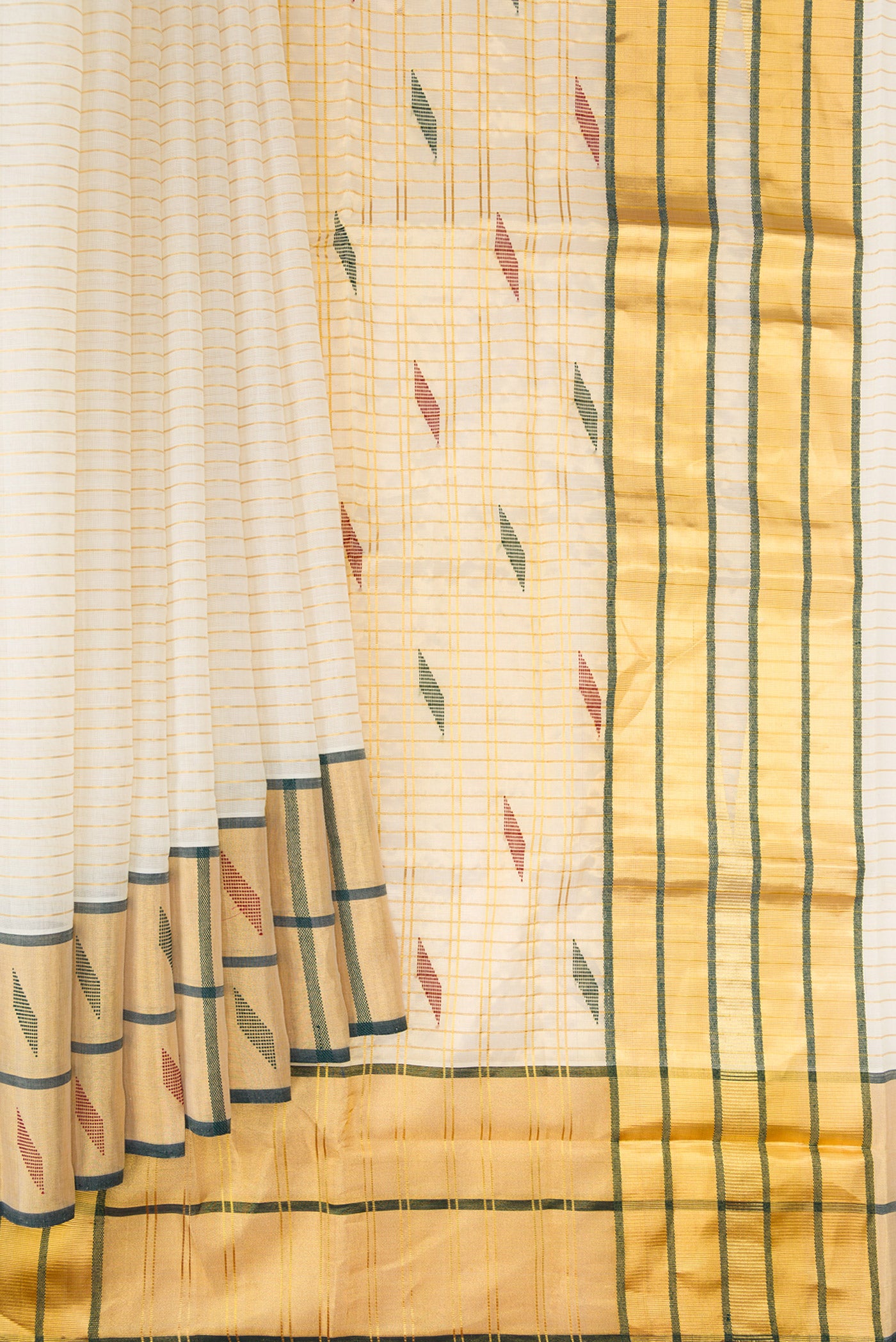 Pleats and pallu of Off White Kerala Cotton Saree with Stripes on the body and Fancy Border. 