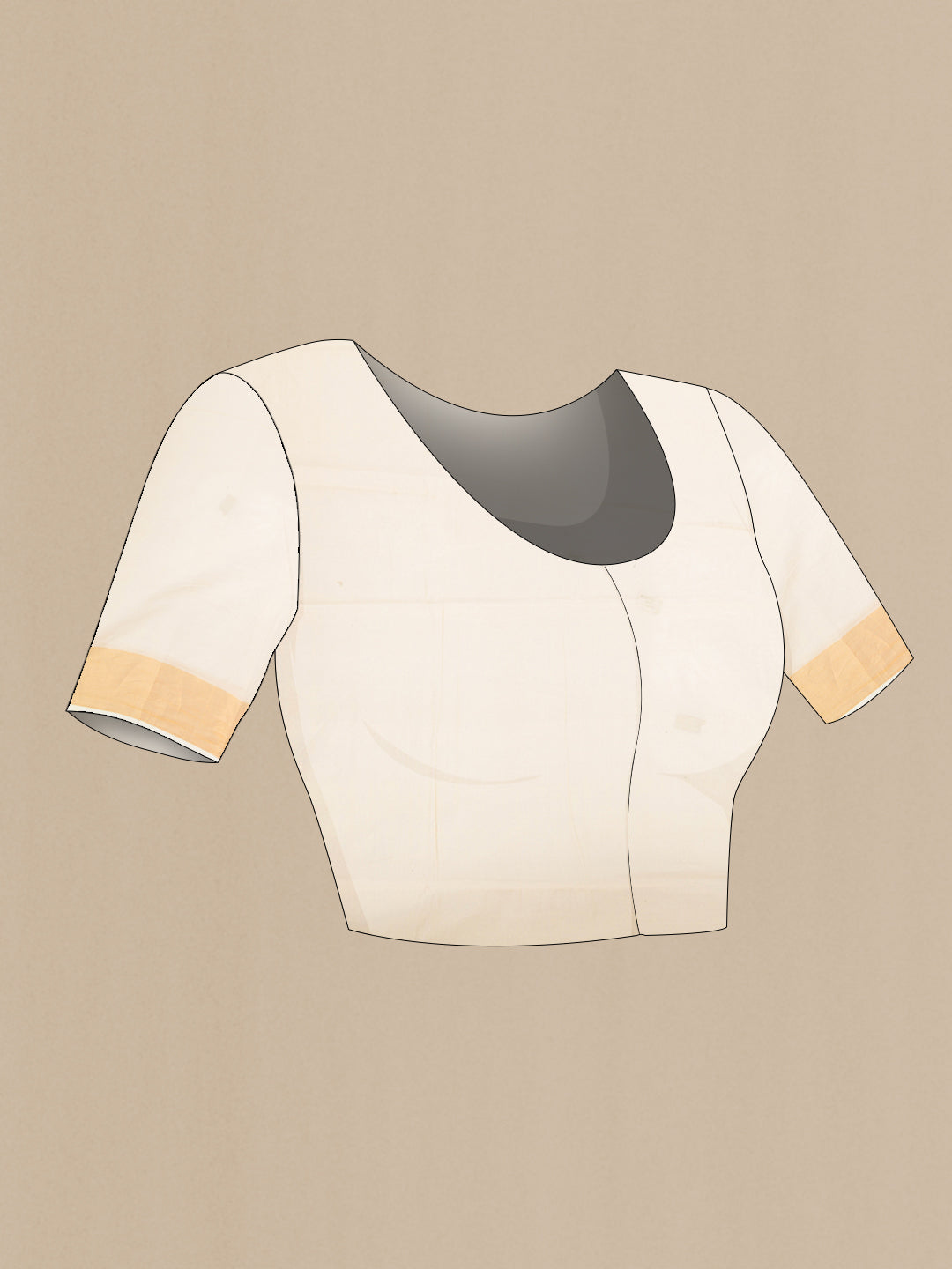 Close up image of the blouse of Off White Kerala Cotton Saree with Zari And Thread Butta on the body and Zari Border. 