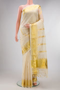 Pure Silk Off White Kerala Cotton Saree with Stripes on the body and Zari Border.  displayed on a mannequin
