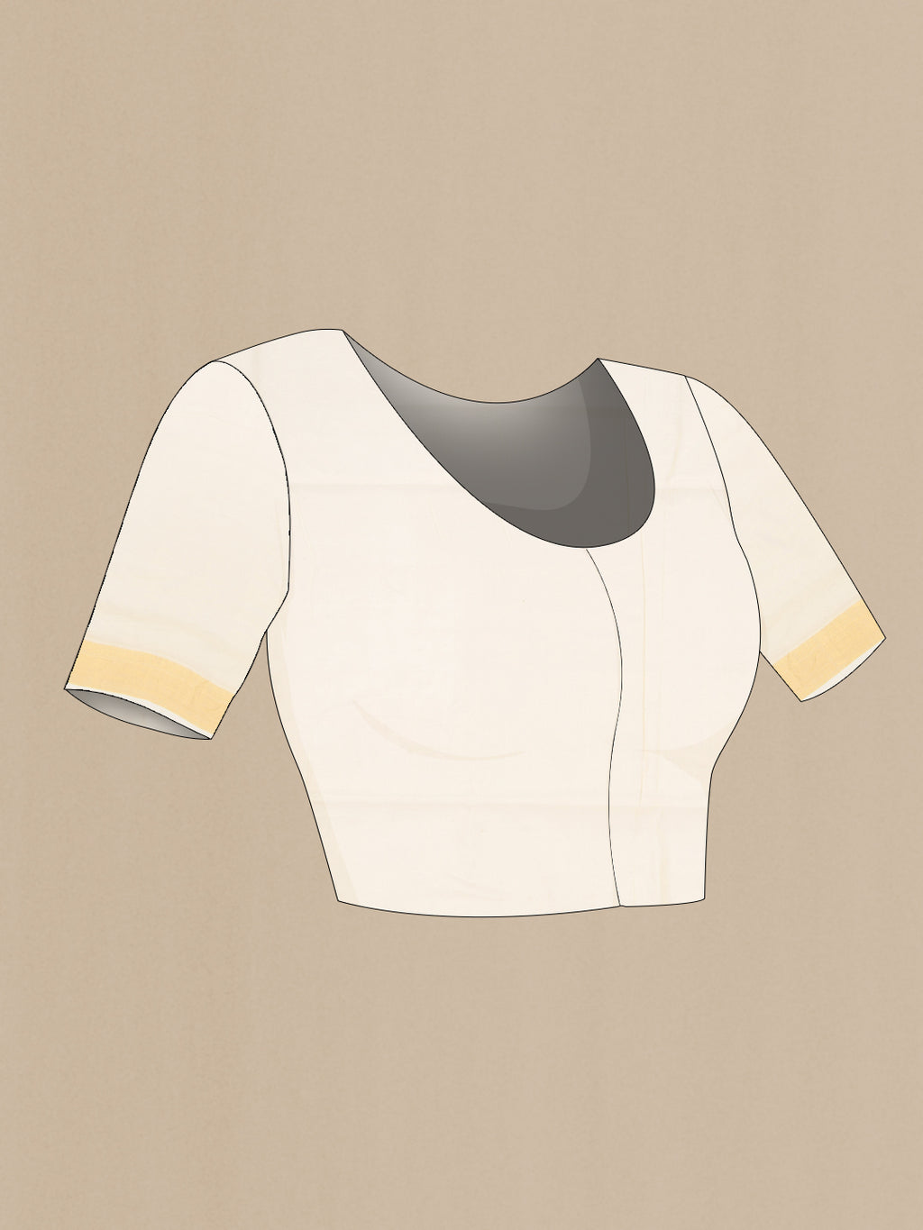 Close up image of the blouse of Pure Silk Off White Kerala Cotton Saree with Zari Butta on the body and Zari Border. 