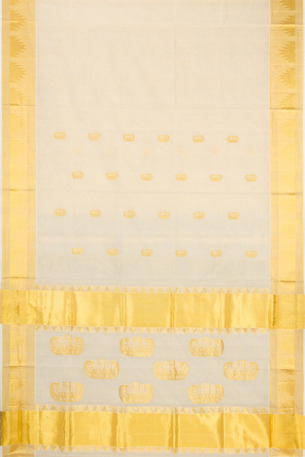 Flat view of Off White Kerala Cotton Saree with Zari Butta on the body and Temple Border. 