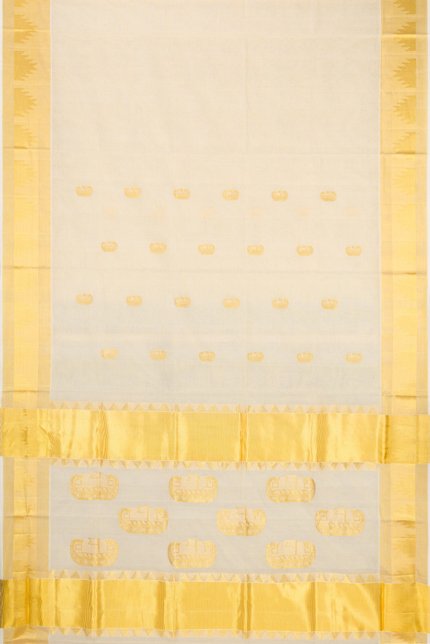 Flat view of Off White Kerala Cotton Saree with Zari Butta on the body and Temple Border. 