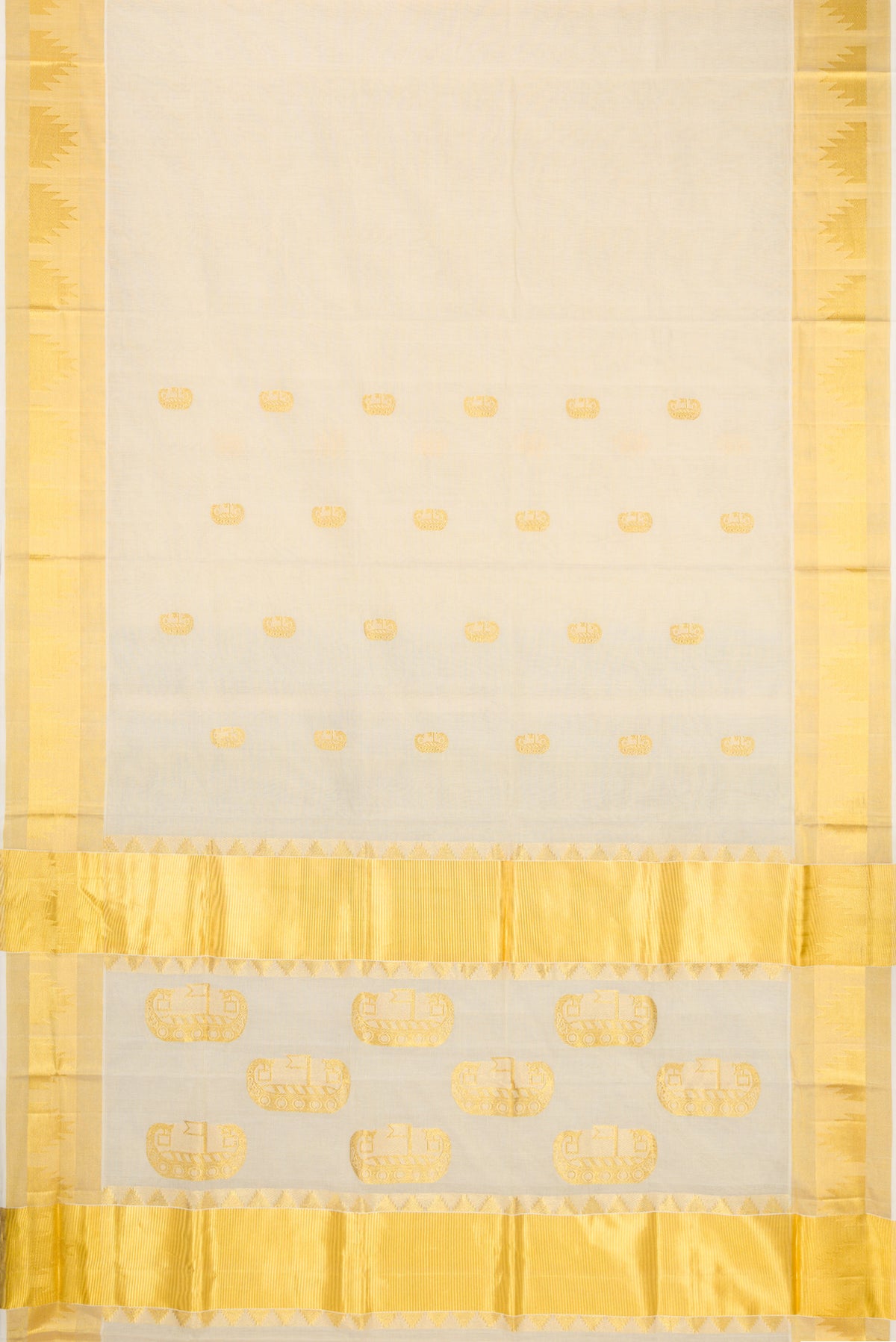 Flat view of Off White Kerala Cotton Saree with Zari Butta on the body and Temple Border. 