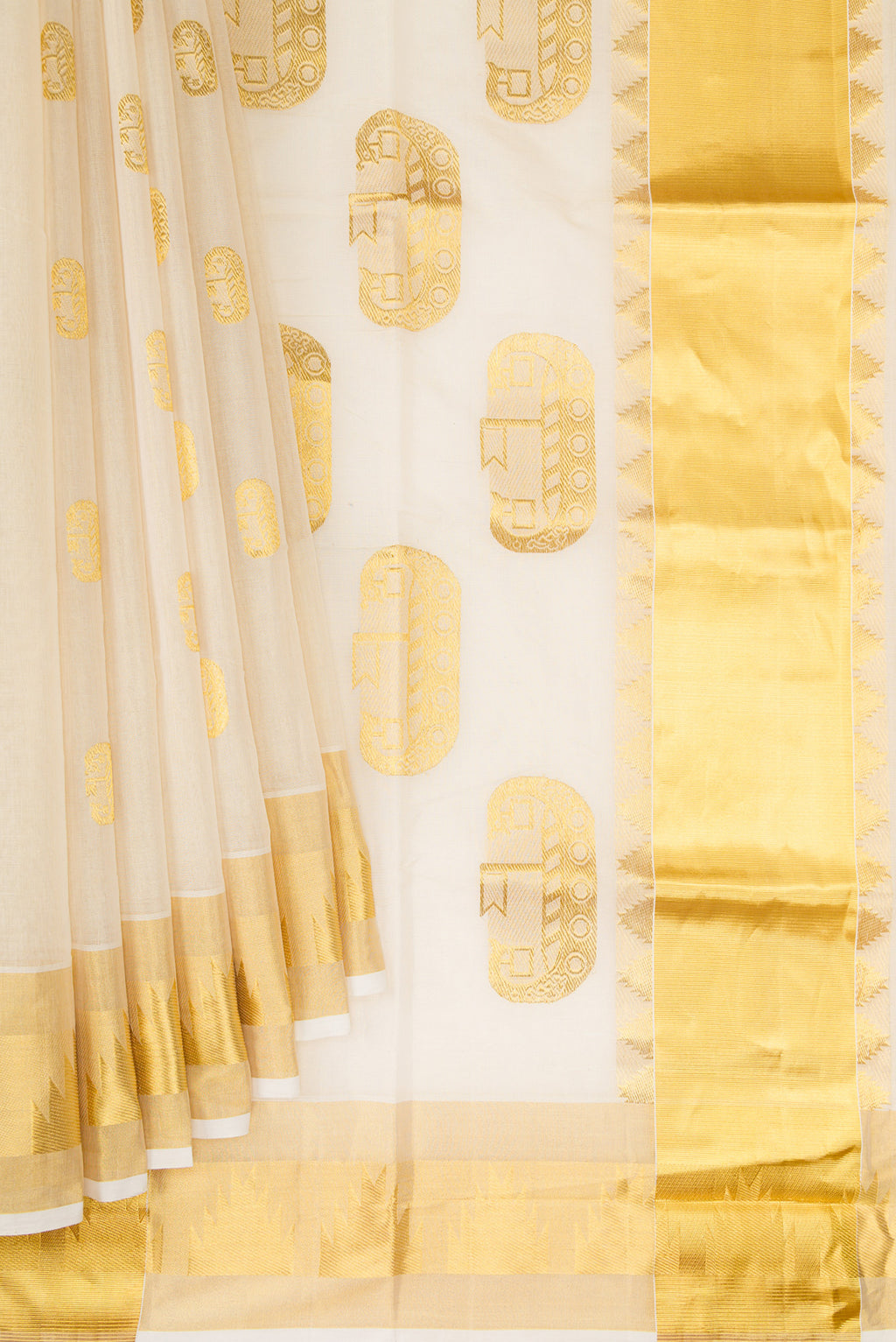 Pleats and pallu of Off White Kerala Cotton Saree with Zari Butta on the body and Temple Border. 