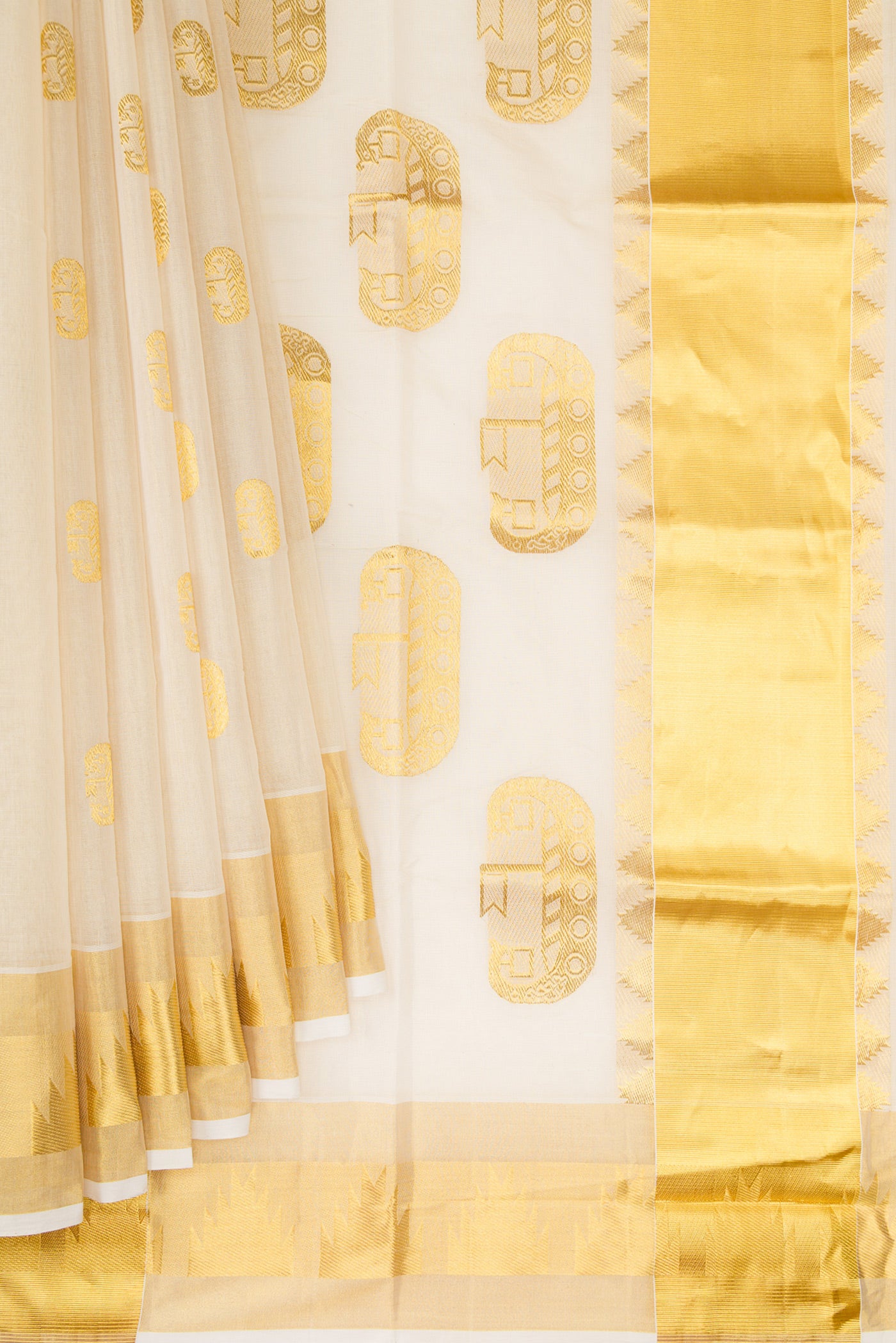 Pleats and pallu of Off White Kerala Cotton Saree with Zari Butta on the body and Temple Border. 