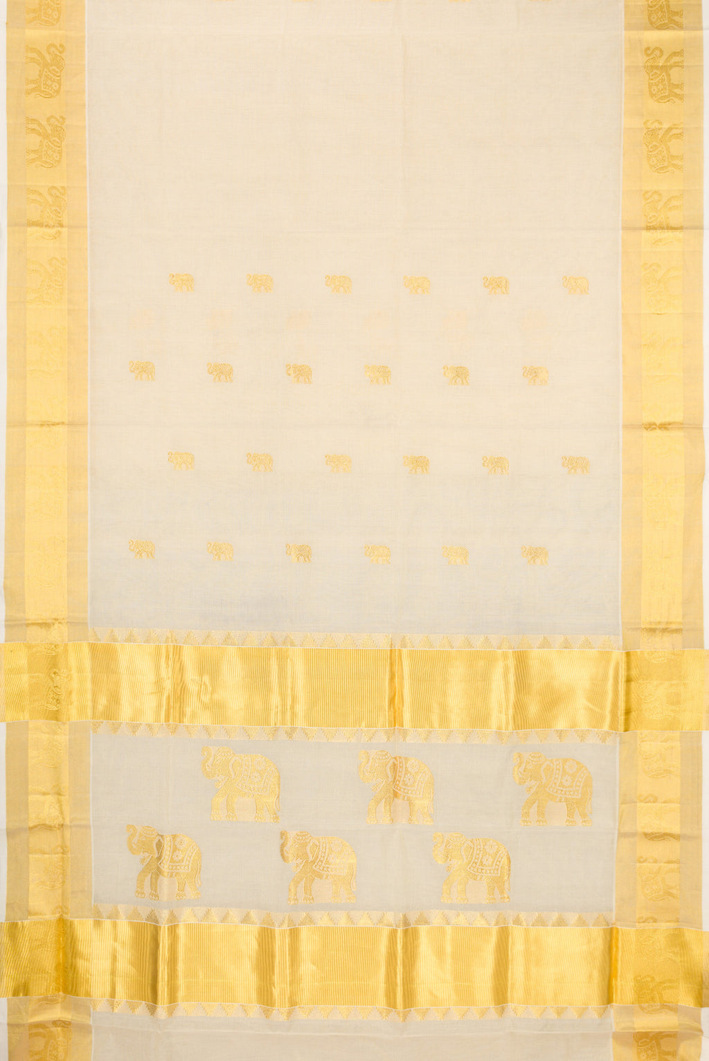 Flat view of Pure Silk Off White Kerala Cotton Saree with Zari Butta on the body and Zari Border. 