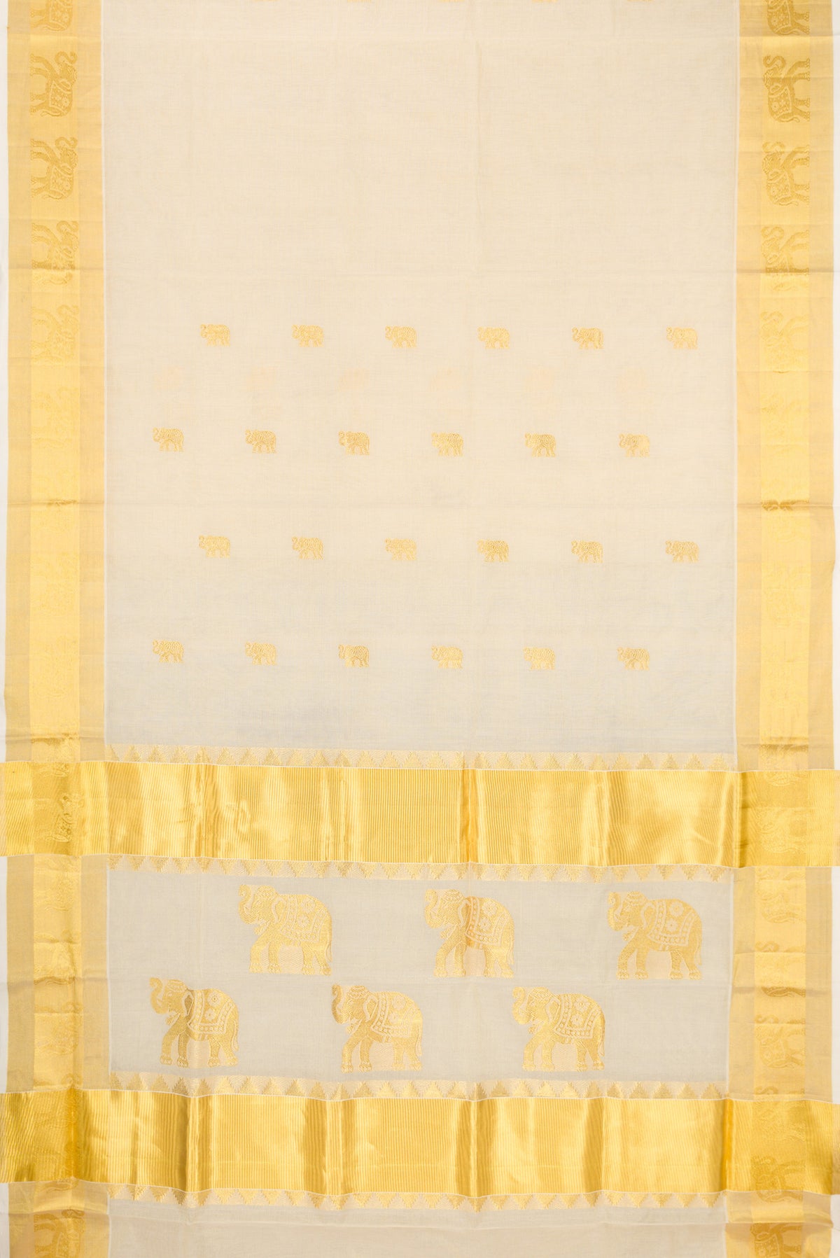 Flat view of Pure Silk Off White Kerala Cotton Saree with Zari Butta on the body and Zari Border. 