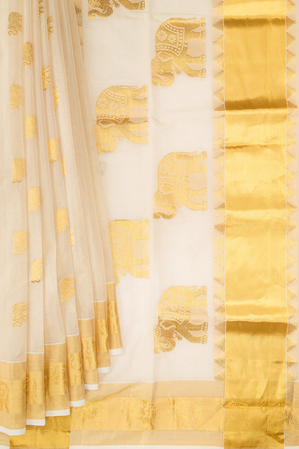 Pleats and pallu of Pure Silk Off White Kerala Cotton Saree with Zari Butta on the body and Zari Border. 