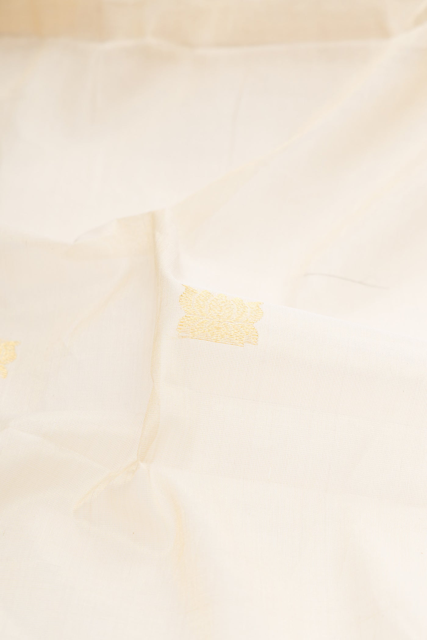 Close up of Off White Kerala Cotton Saree with Zari Butta on the body and Zari Border.  displaying folds