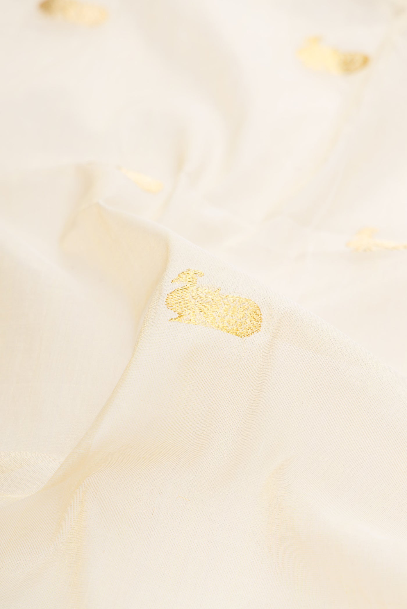 Close up of Off White Kerala Cotton Saree with Zari Butta on the body and Zari Border.  displaying folds