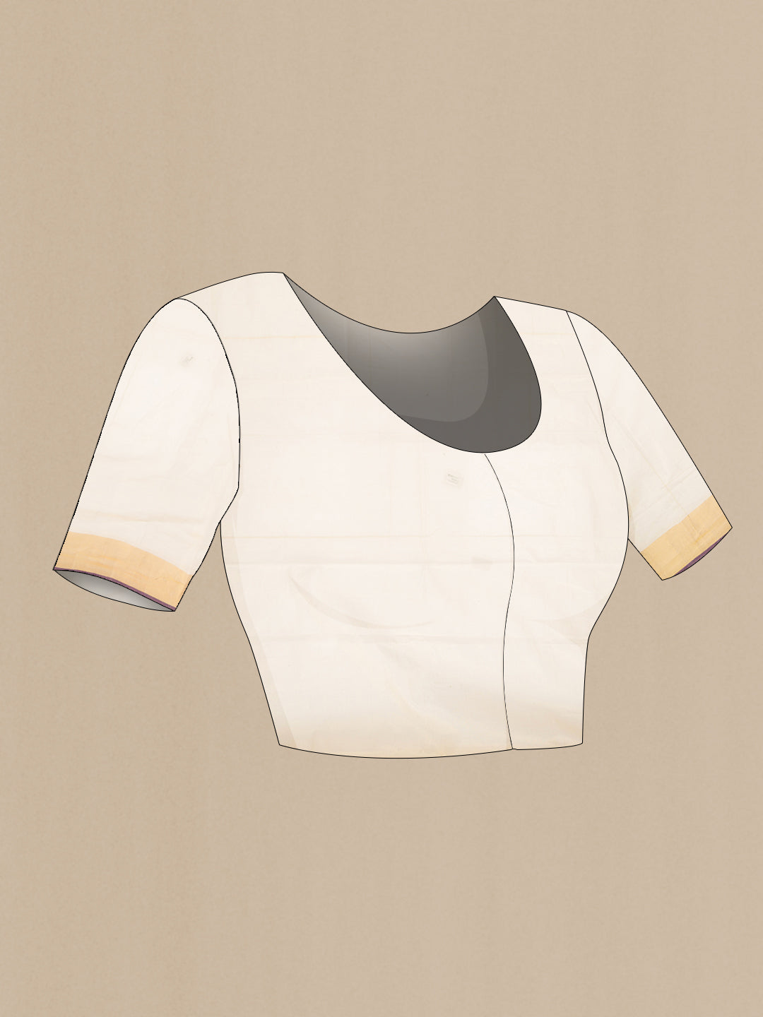 Close up image of the blouse of Off White Kerala Cotton Saree with Zari And Thread Butta on the body and Zari Border. 