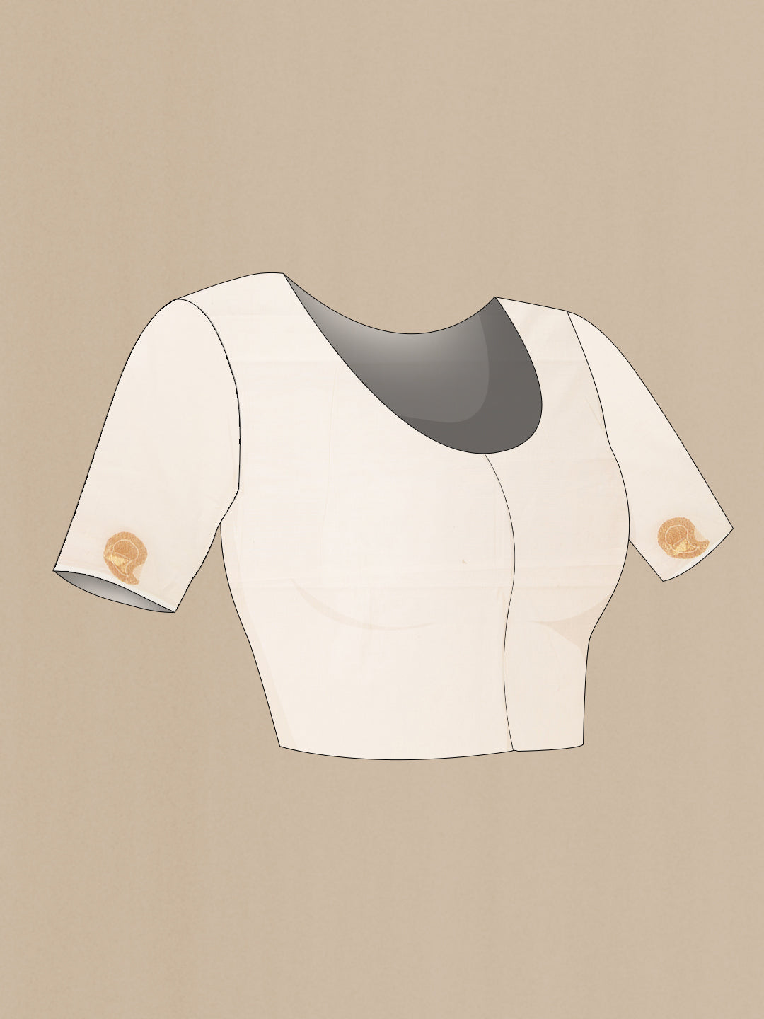 Close up image of the blouse of Off White Kerala Cotton Saree with Zari Butta on the body and Without Border. 