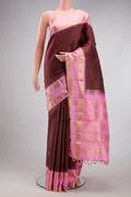 Pure Silk Pure Zari Coffee Brown Kanchipuram Saree with Checked design on the body and Fancy Border.  displayed on a mannequin