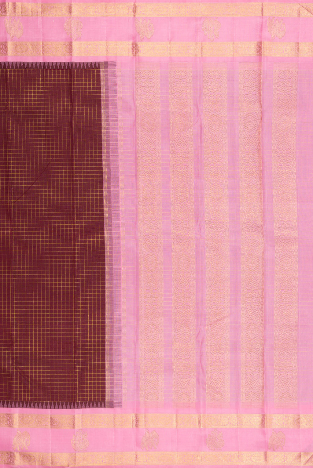 Close up image of the pallu of Pure Silk Pure Zari Coffee Brown Kanchipuram Saree with Checked design on the body and Fancy Border. 