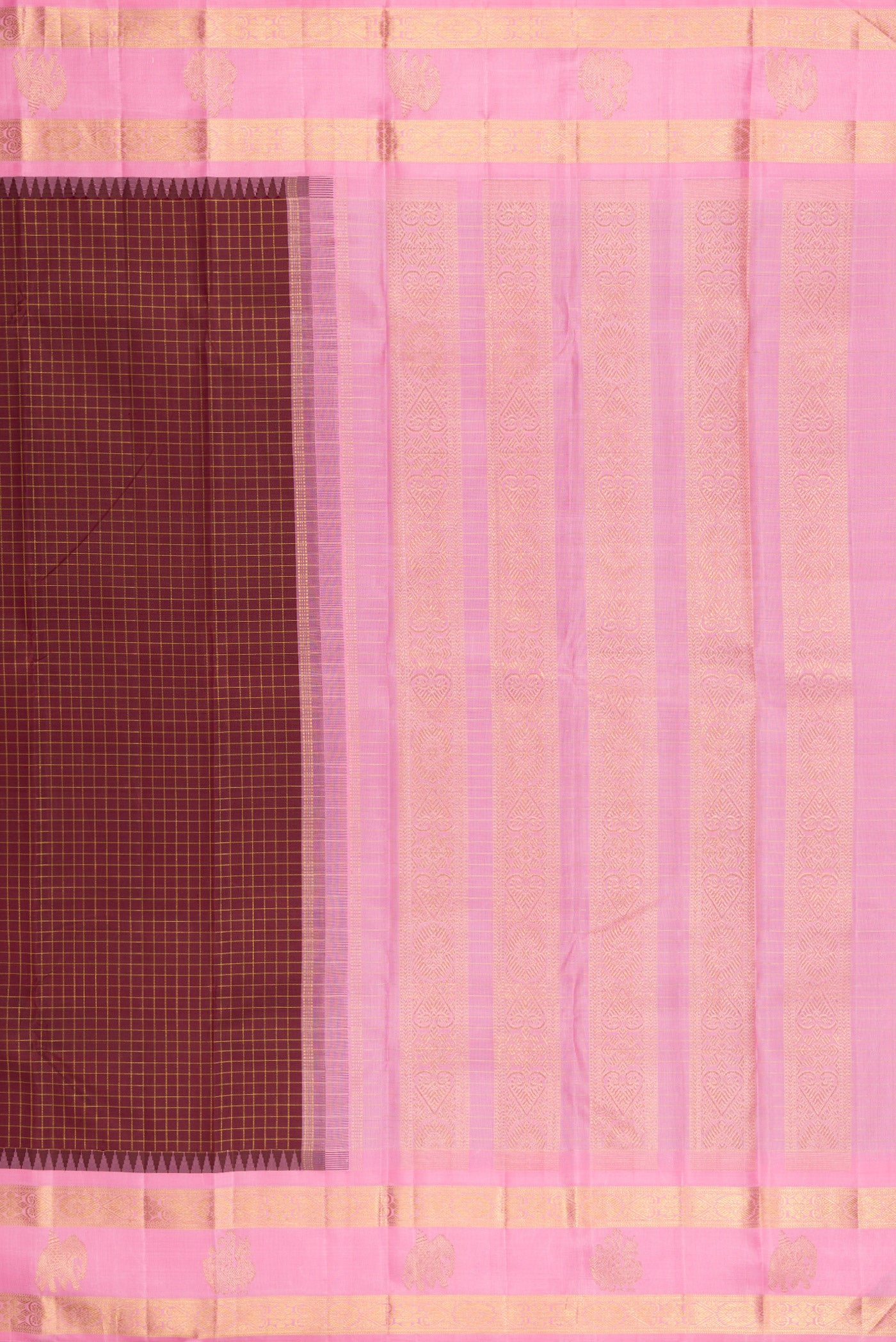 Close up image of the pallu of Pure Silk Pure Zari Coffee Brown Kanchipuram Saree with Checked design on the body and Fancy Border. 