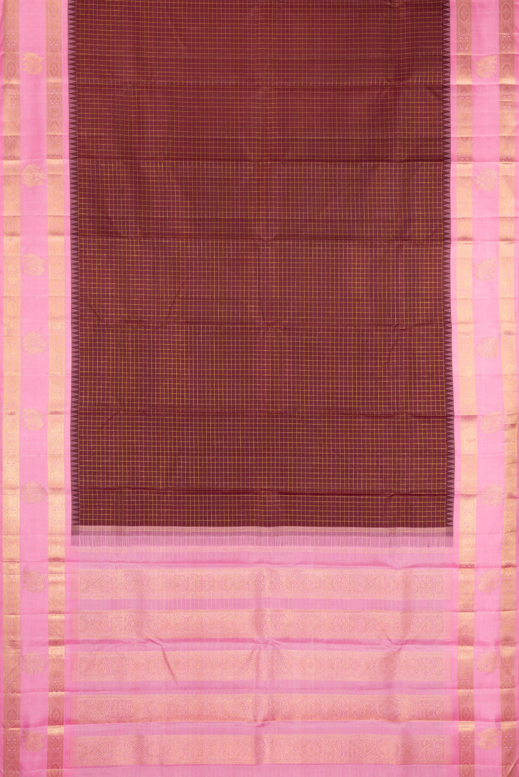 Flat view of Pure Silk Pure Zari Coffee Brown Kanchipuram Saree with Checked design on the body and Fancy Border. 