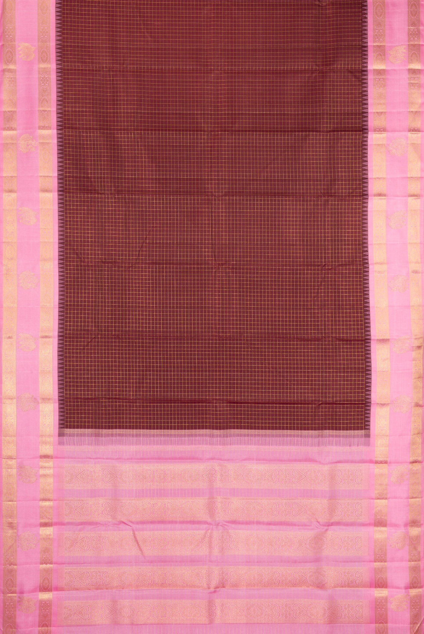 Flat view of Pure Silk Pure Zari Coffee Brown Kanchipuram Saree with Checked design on the body and Fancy Border. 