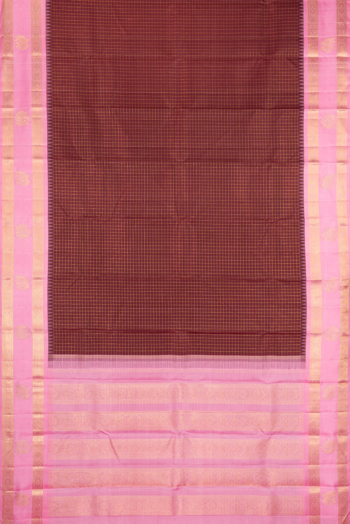 Flat view of Pure Silk Pure Zari Coffee Brown Kanchipuram Saree with Checked design on the body and Fancy Border. 