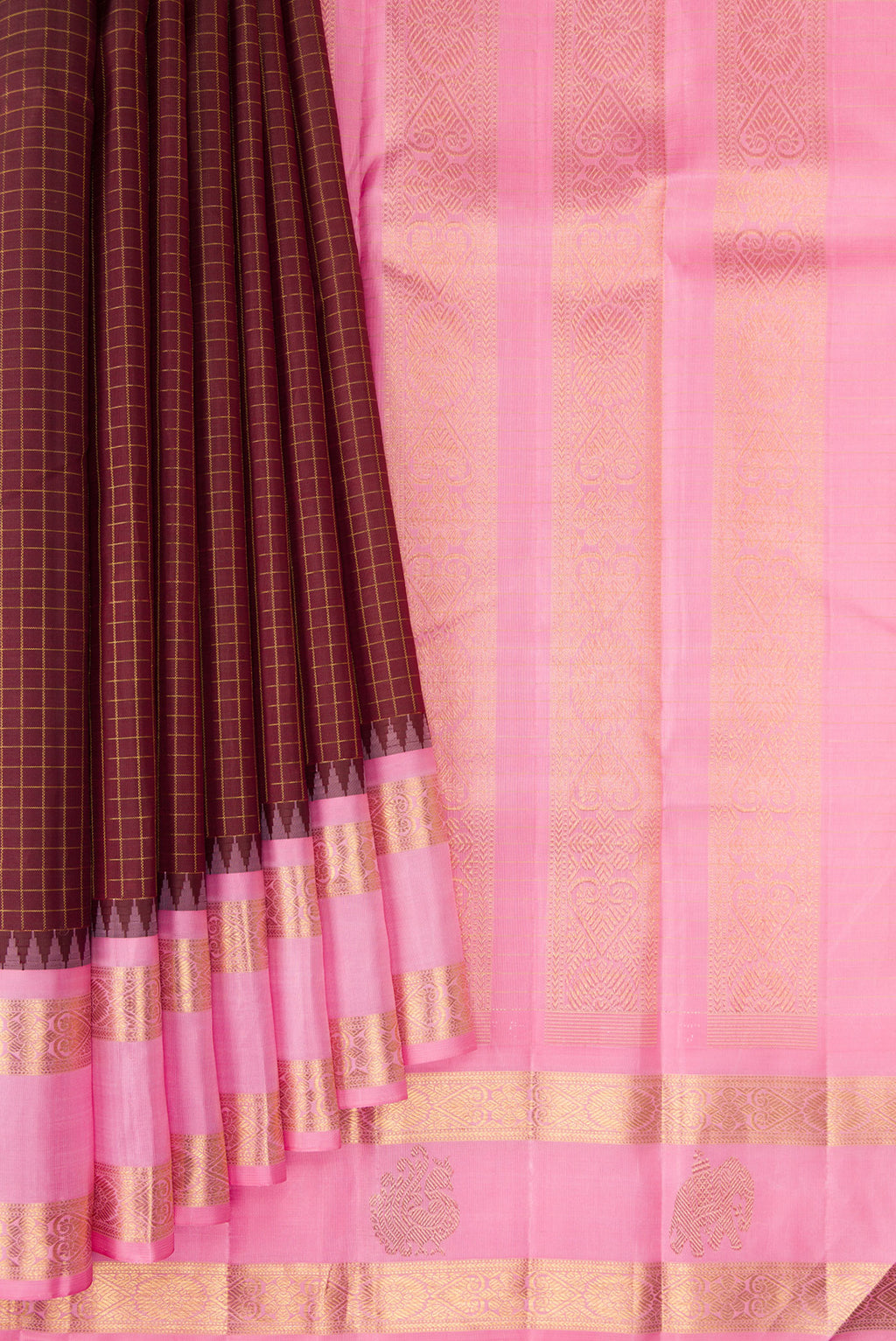 Pleats and pallu of Pure Silk Pure Zari Coffee Brown Kanchipuram Saree with Checked design on the body and Fancy Border. 
